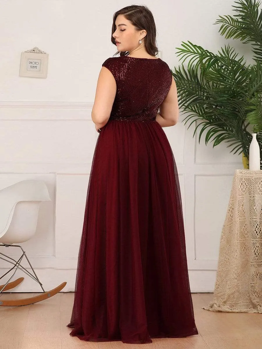 Maxi Long Plus Size Sequin Prom Dresses for Women with Cap Sleeve