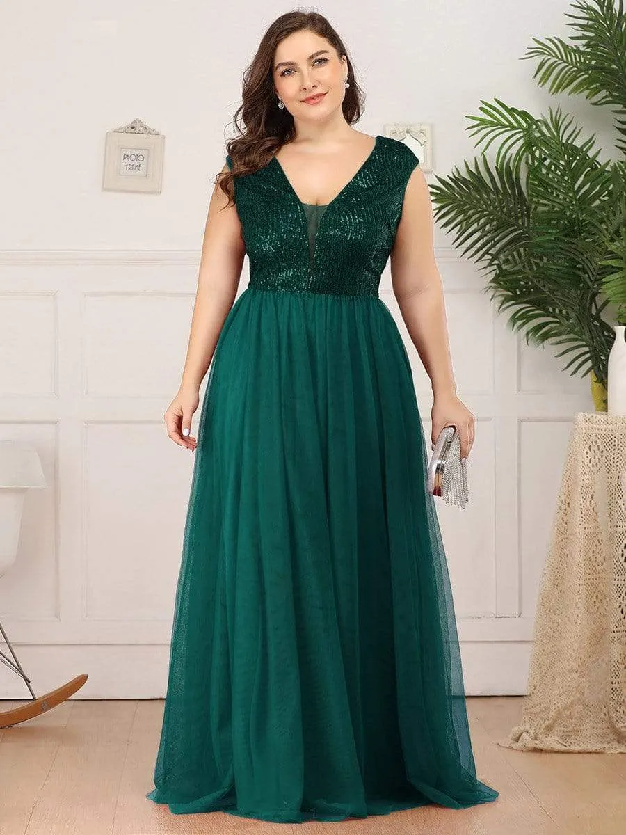Maxi Long Plus Size Sequin Prom Dresses for Women with Cap Sleeve