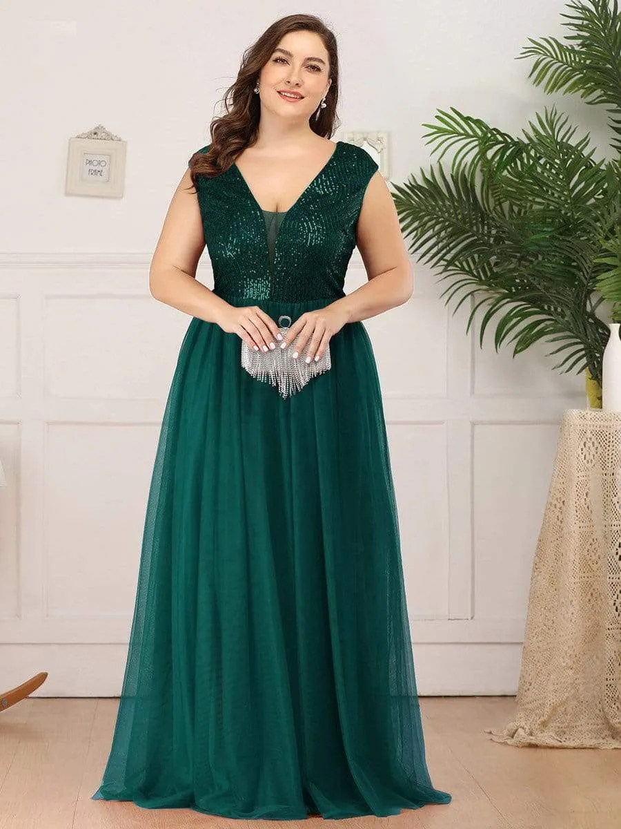 Maxi Long Plus Size Sequin Prom Dresses for Women with Cap Sleeve