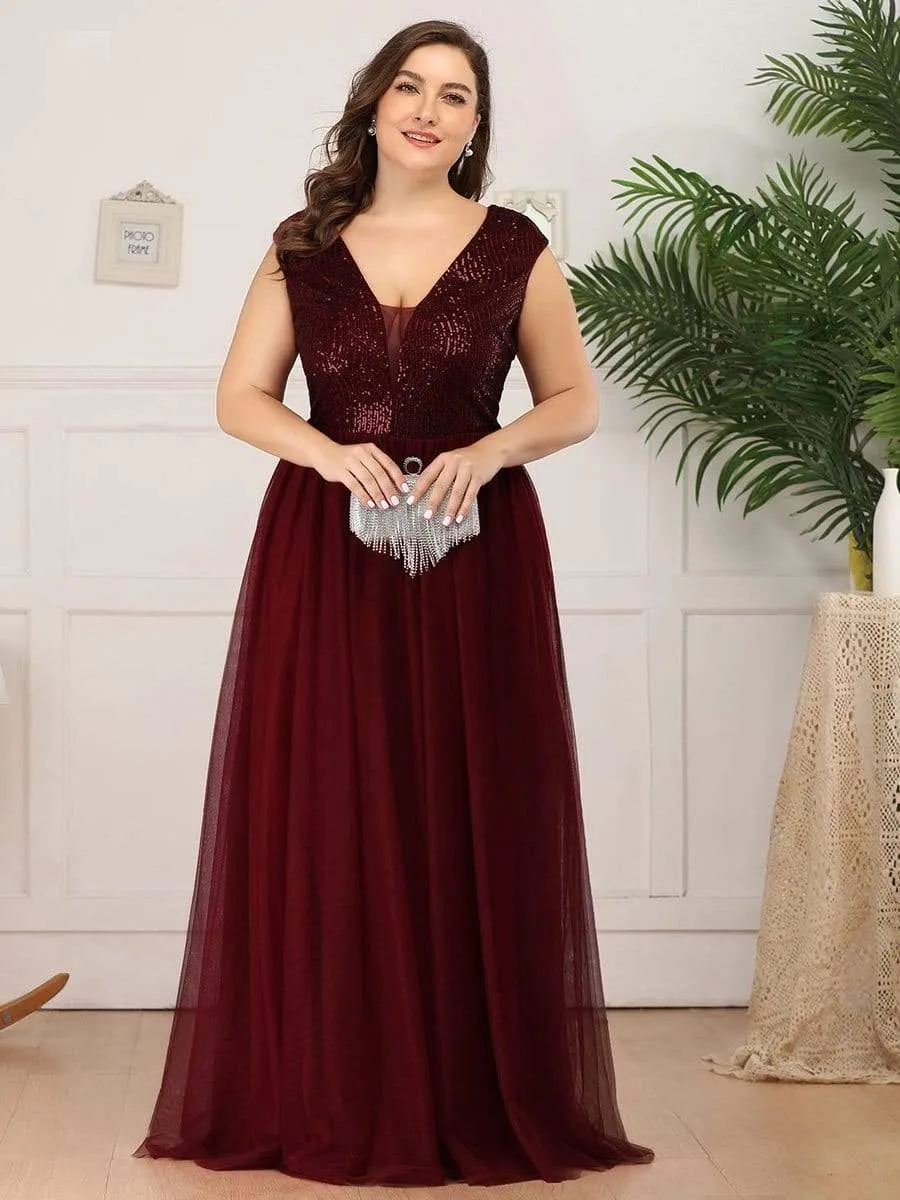 Maxi Long Plus Size Sequin Prom Dresses for Women with Cap Sleeve