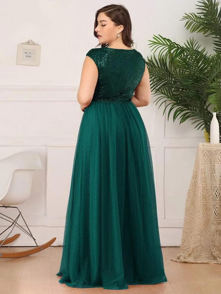 Maxi Long Plus Size Sequin Prom Dresses for Women with Cap Sleeve