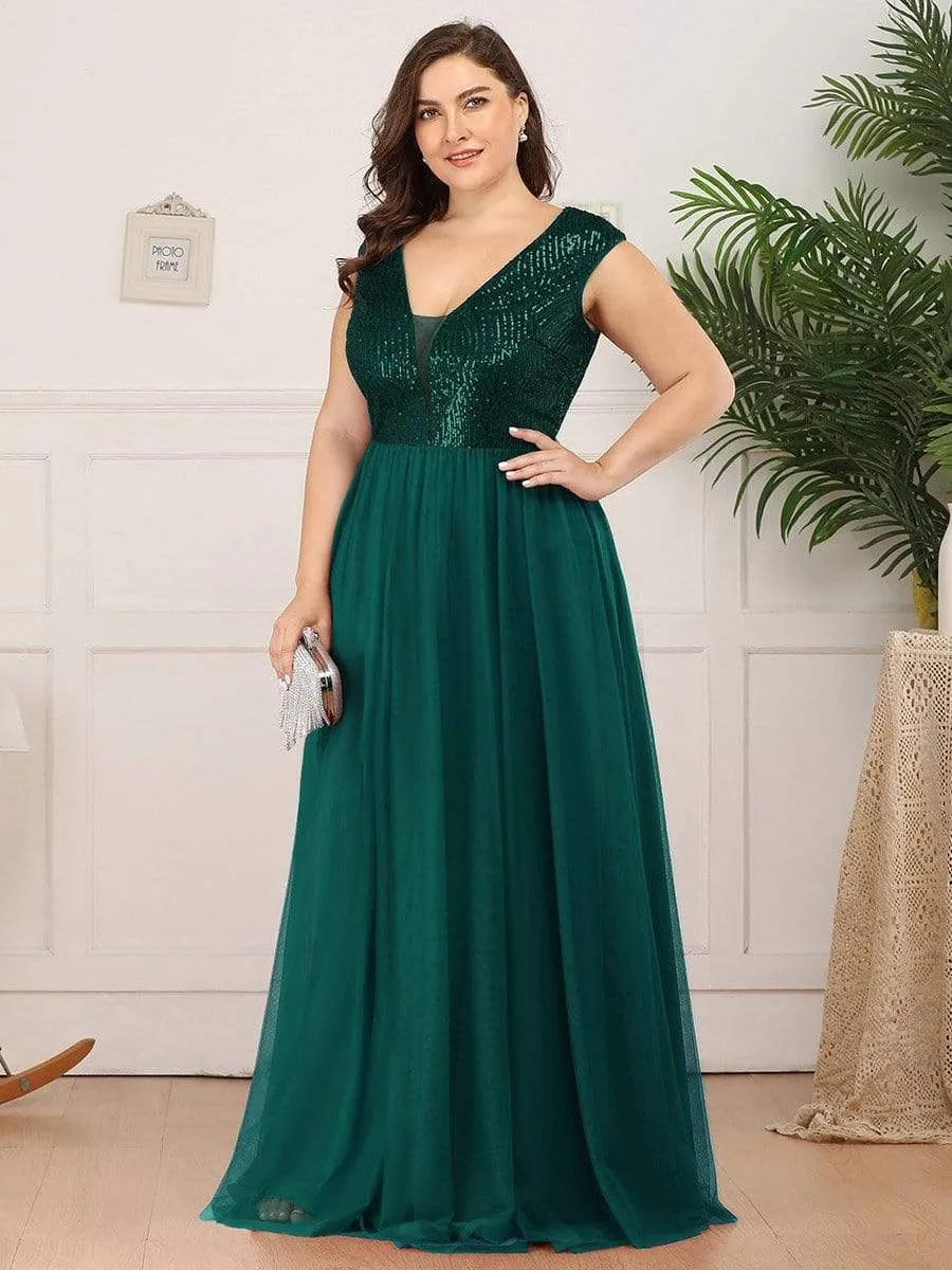 Maxi Long Plus Size Sequin Prom Dresses for Women with Cap Sleeve
