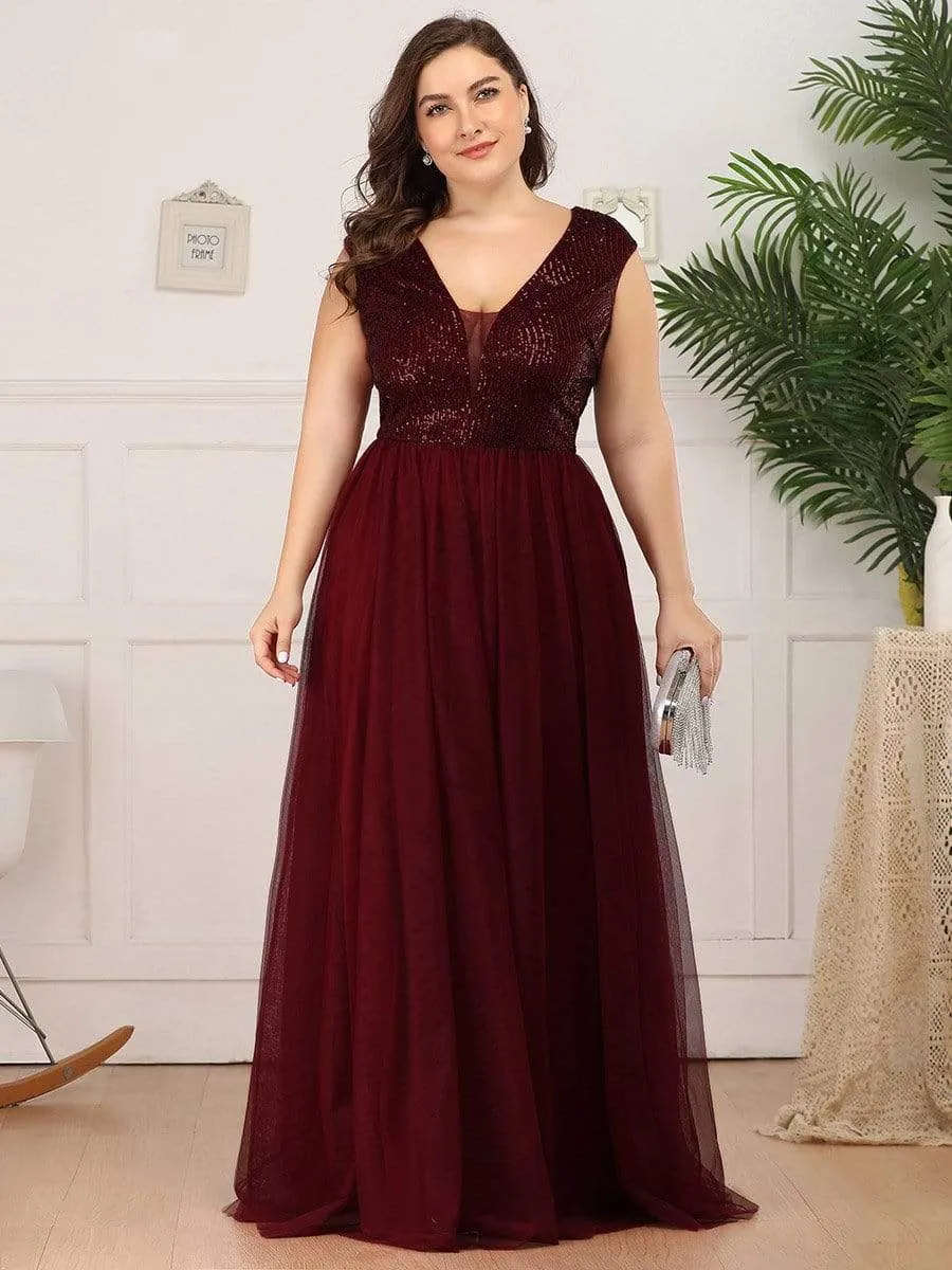 Maxi Long Plus Size Sequin Prom Dresses for Women with Cap Sleeve