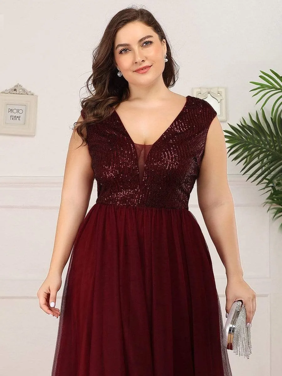 Maxi Long Plus Size Sequin Prom Dresses for Women with Cap Sleeve
