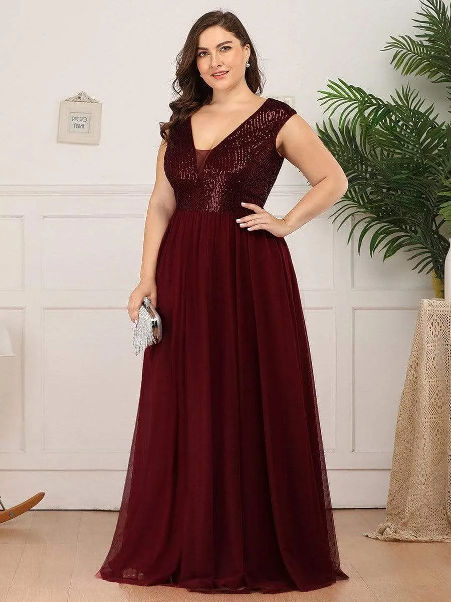 Maxi Long Plus Size Sequin Prom Dresses for Women with Cap Sleeve