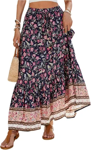 Maxi Skirts for Women 2025 Elastic High Waist Boho Floral Tiered Pleated Skirt Button Down Drawstring Flowy Skirts with Slit