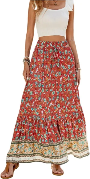 Maxi Skirts for Women 2025 Elastic High Waist Boho Floral Tiered Pleated Skirt Button Down Drawstring Flowy Skirts with Slit