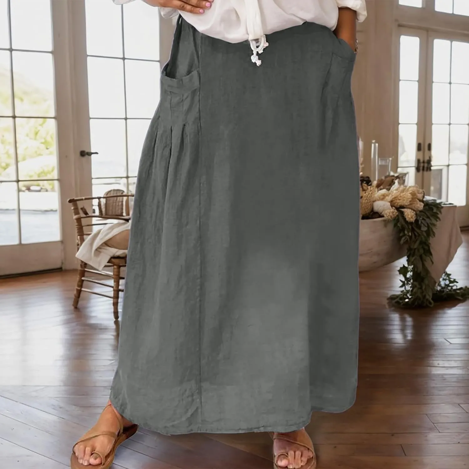 Maxi Skirts for Women 2025 Summer Plus Size High Waist A Line Long Travel Skirt with Pockets