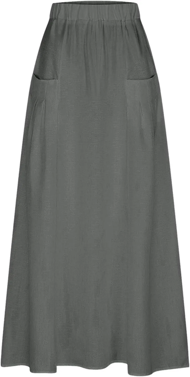 Maxi Skirts for Women 2025 Summer Plus Size High Waist A Line Long Travel Skirt with Pockets