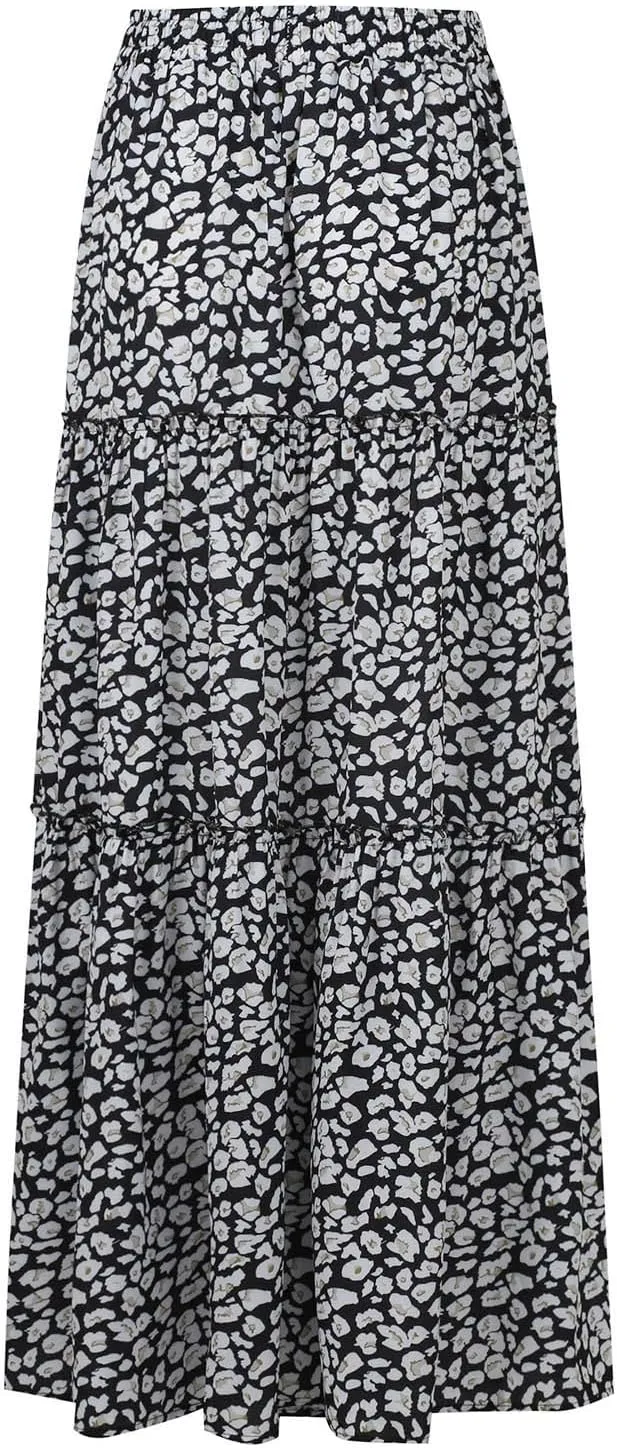 Maxi Skirts for Women Beach Boho Skirts Flowy Swing High Waisted Ruffle Tiered Summer Floral Skort with Pockets