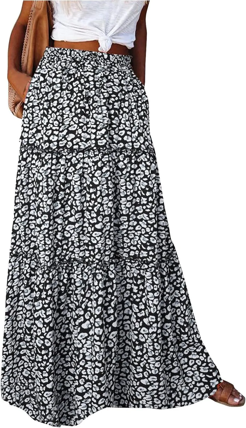 Maxi Skirts for Women Beach Boho Skirts Flowy Swing High Waisted Ruffle Tiered Summer Floral Skort with Pockets
