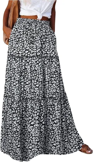 Maxi Skirts for Women Beach Boho Skirts Flowy Swing High Waisted Ruffle Tiered Summer Floral Skort with Pockets