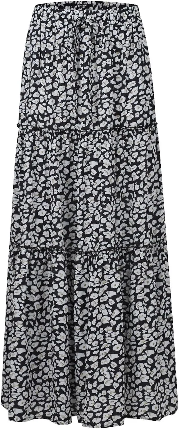 Maxi Skirts for Women Beach Boho Skirts Flowy Swing High Waisted Ruffle Tiered Summer Floral Skort with Pockets