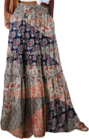 Maxi Skirts for Women Beach Boho Skirts Flowy Swing Ruffle Tiered High Waisted Summer Floral Skort with Pockets