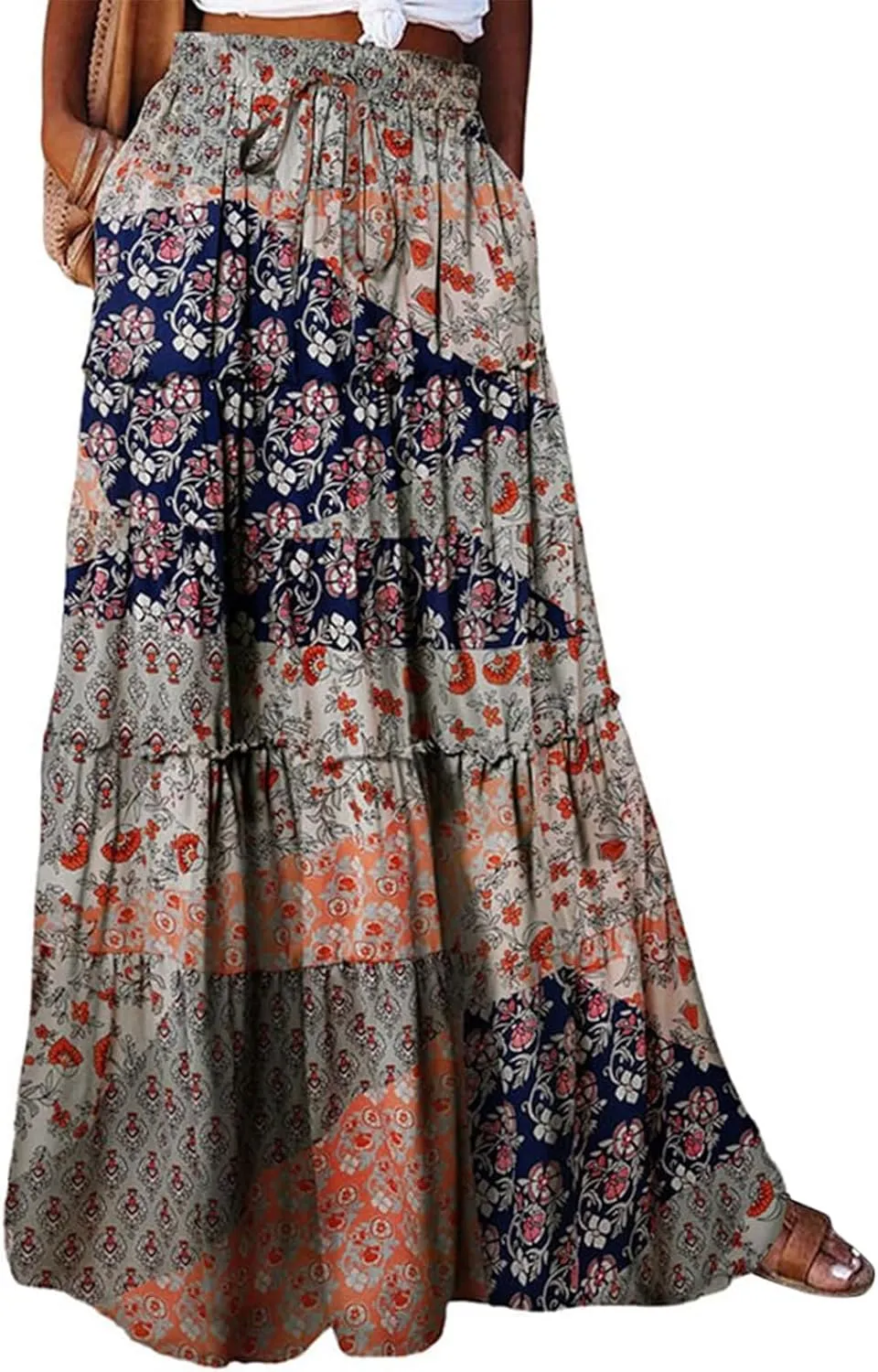 Maxi Skirts for Women Beach Boho Skirts Flowy Swing Ruffle Tiered High Waisted Summer Floral Skort with Pockets