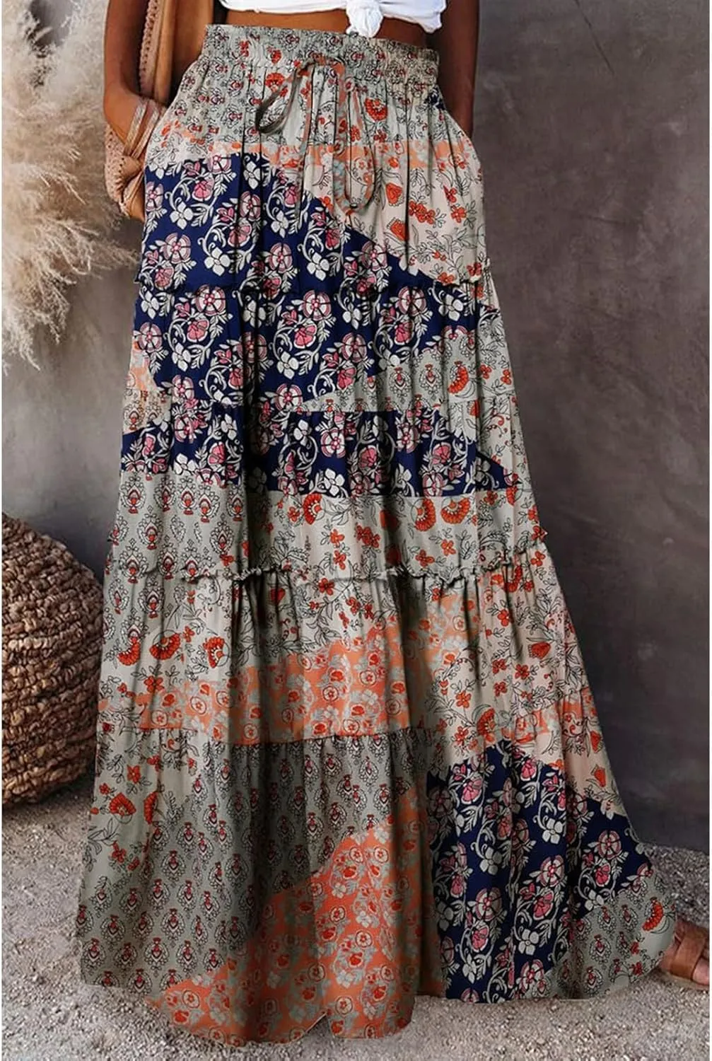 Maxi Skirts for Women Beach Boho Skirts Flowy Swing Ruffle Tiered High Waisted Summer Floral Skort with Pockets