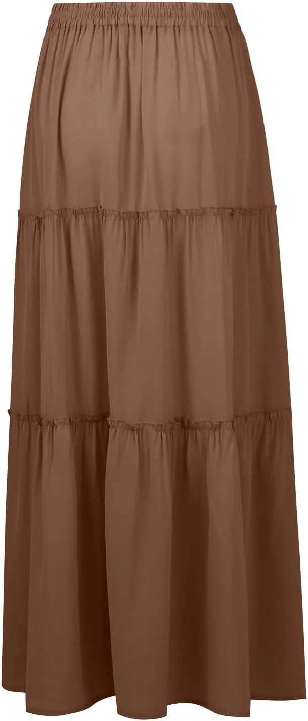 Maxi Skirts for Women Trendy Summer Tiered Elastic High Waisted Skirt Beach Vacation A Line Flowy Long Skirts