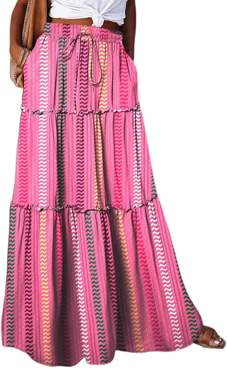 Maxi Skirts for Women Trendy Summer Tiered Elastic High Waisted Skirt Beach Vacation A Line Flowy Long Skirts