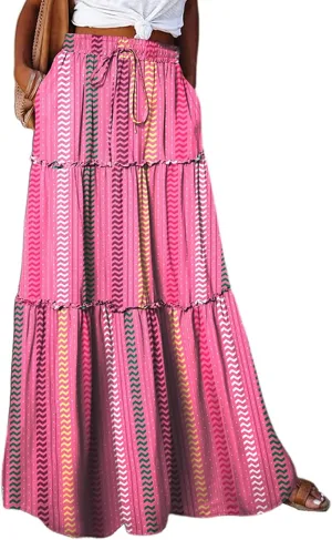 Maxi Skirts for Women Trendy Summer Tiered Elastic High Waisted Skirt Beach Vacation A Line Flowy Long Skirts