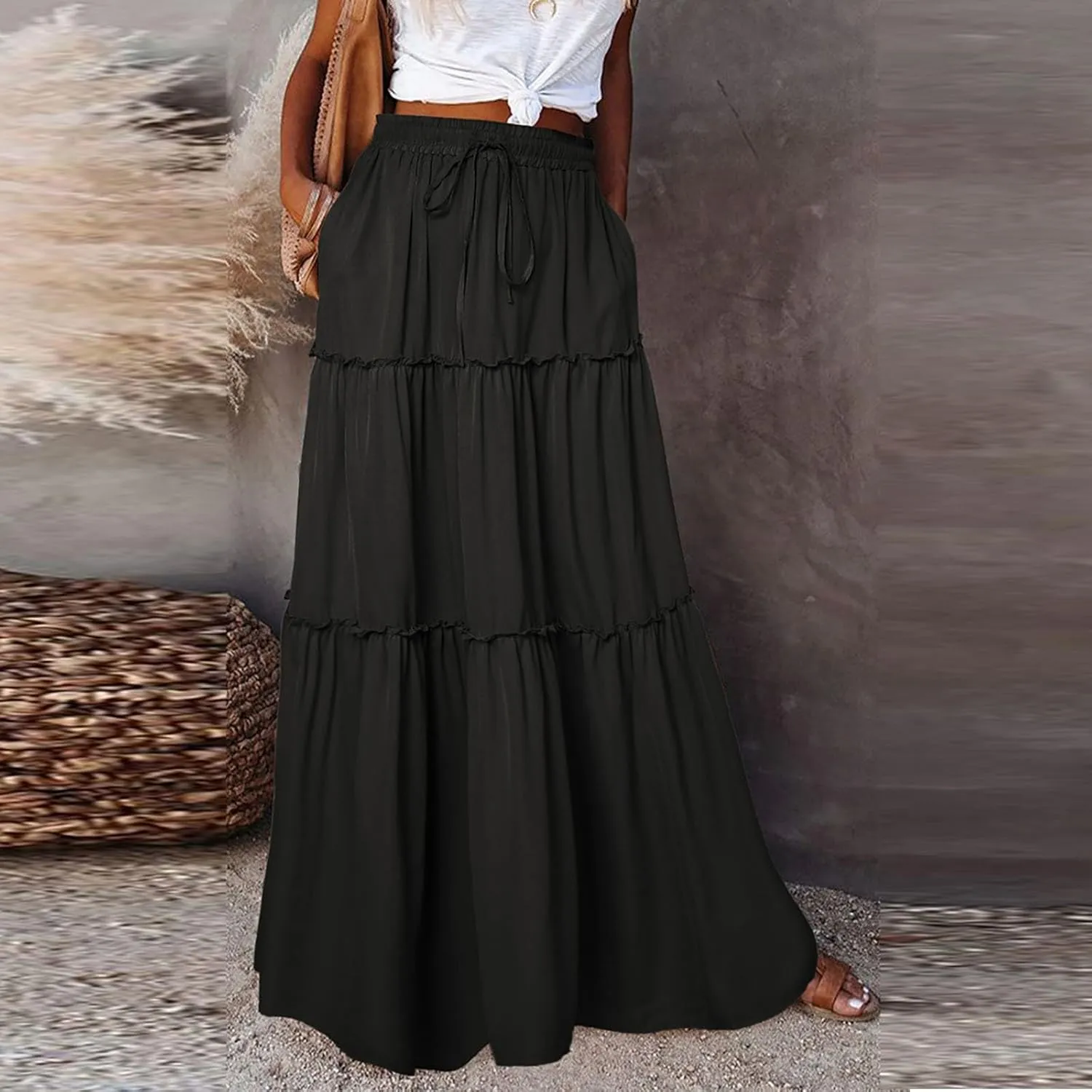 Maxi Skirts for Women Trendy Summer Tiered Elastic High Waisted Skirt Beach Vacation A Line Flowy Long Skirts