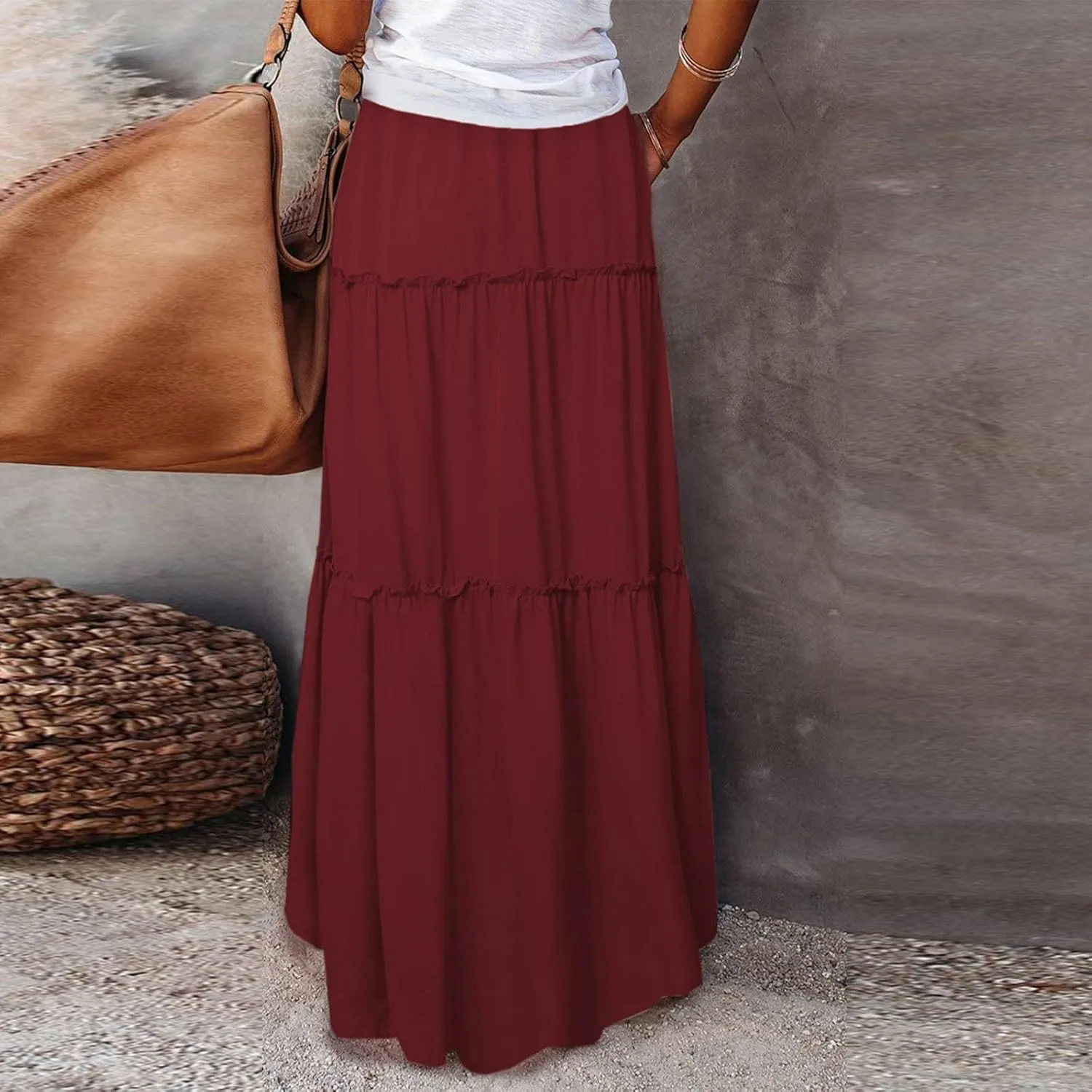 Maxi Skirts for Women Trendy Summer Tiered Elastic High Waisted Skirt Beach Vacation A Line Flowy Long Skirts