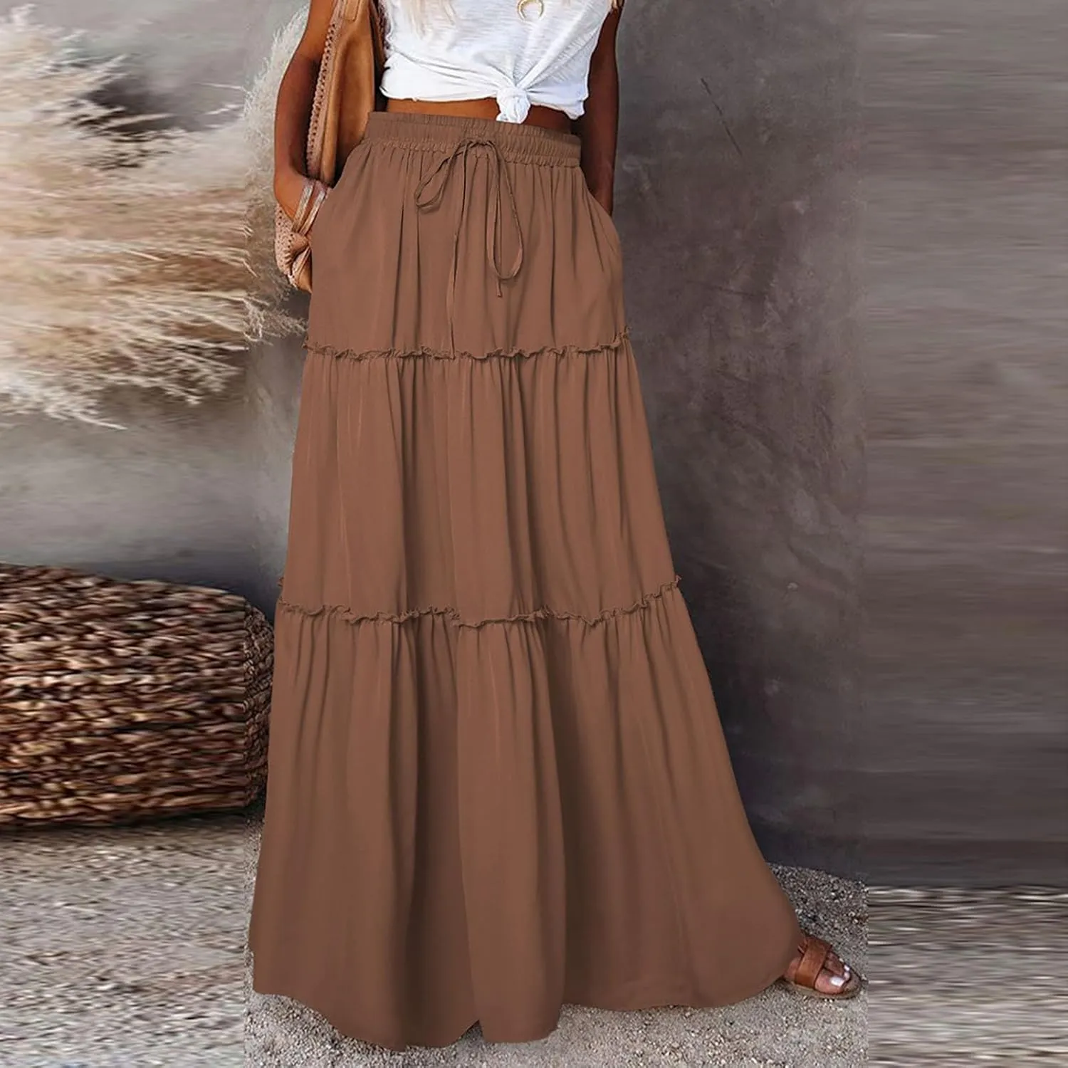 Maxi Skirts for Women Trendy Summer Tiered Elastic High Waisted Skirt Beach Vacation A Line Flowy Long Skirts