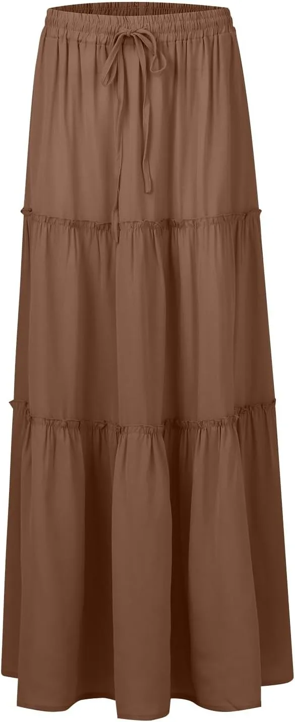 Maxi Skirts for Women Trendy Summer Tiered Elastic High Waisted Skirt Beach Vacation A Line Flowy Long Skirts