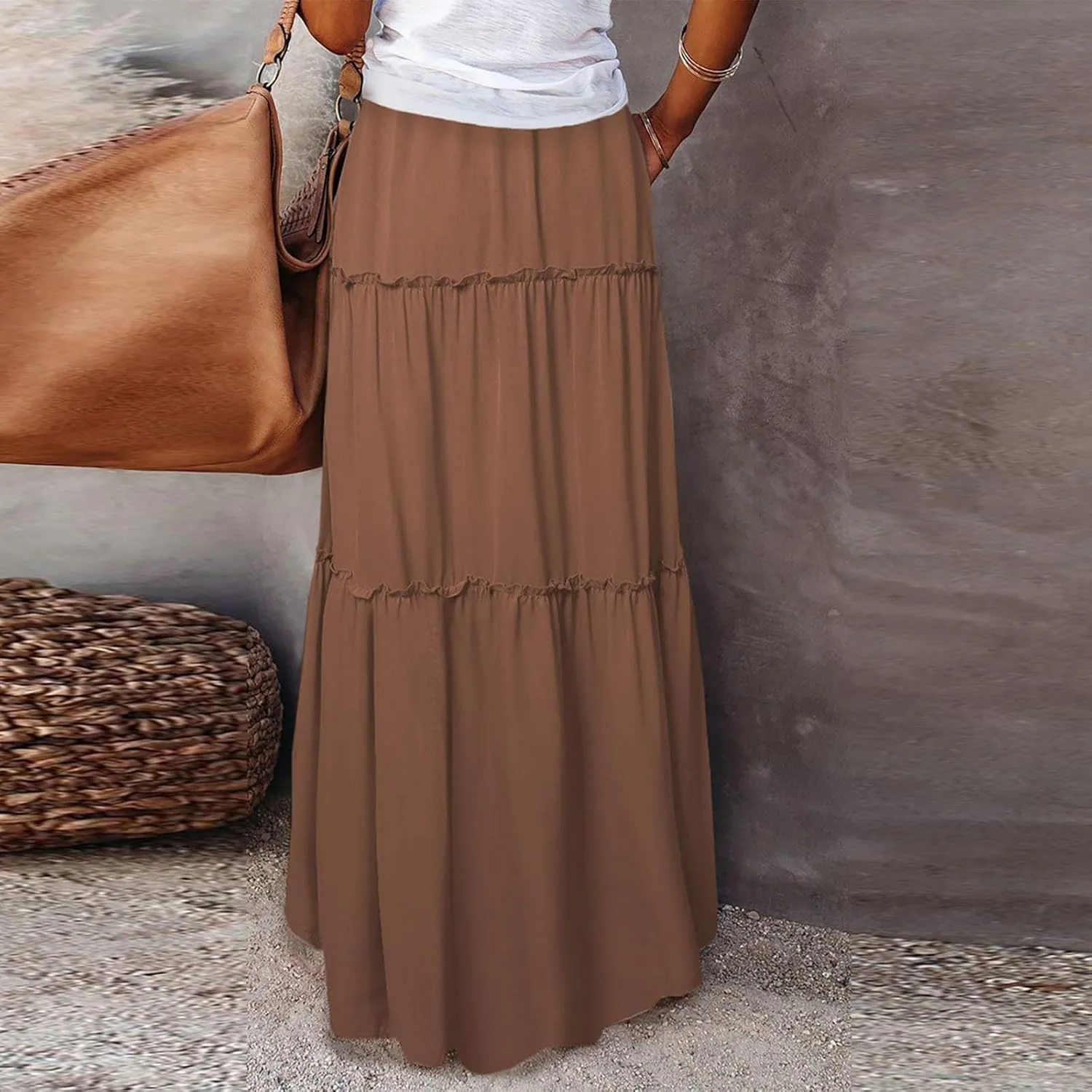 Maxi Skirts for Women Trendy Summer Tiered Elastic High Waisted Skirt Beach Vacation A Line Flowy Long Skirts