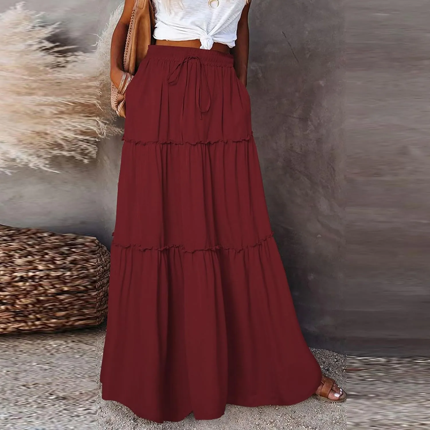 Maxi Skirts for Women Trendy Summer Tiered Elastic High Waisted Skirt Beach Vacation A Line Flowy Long Skirts