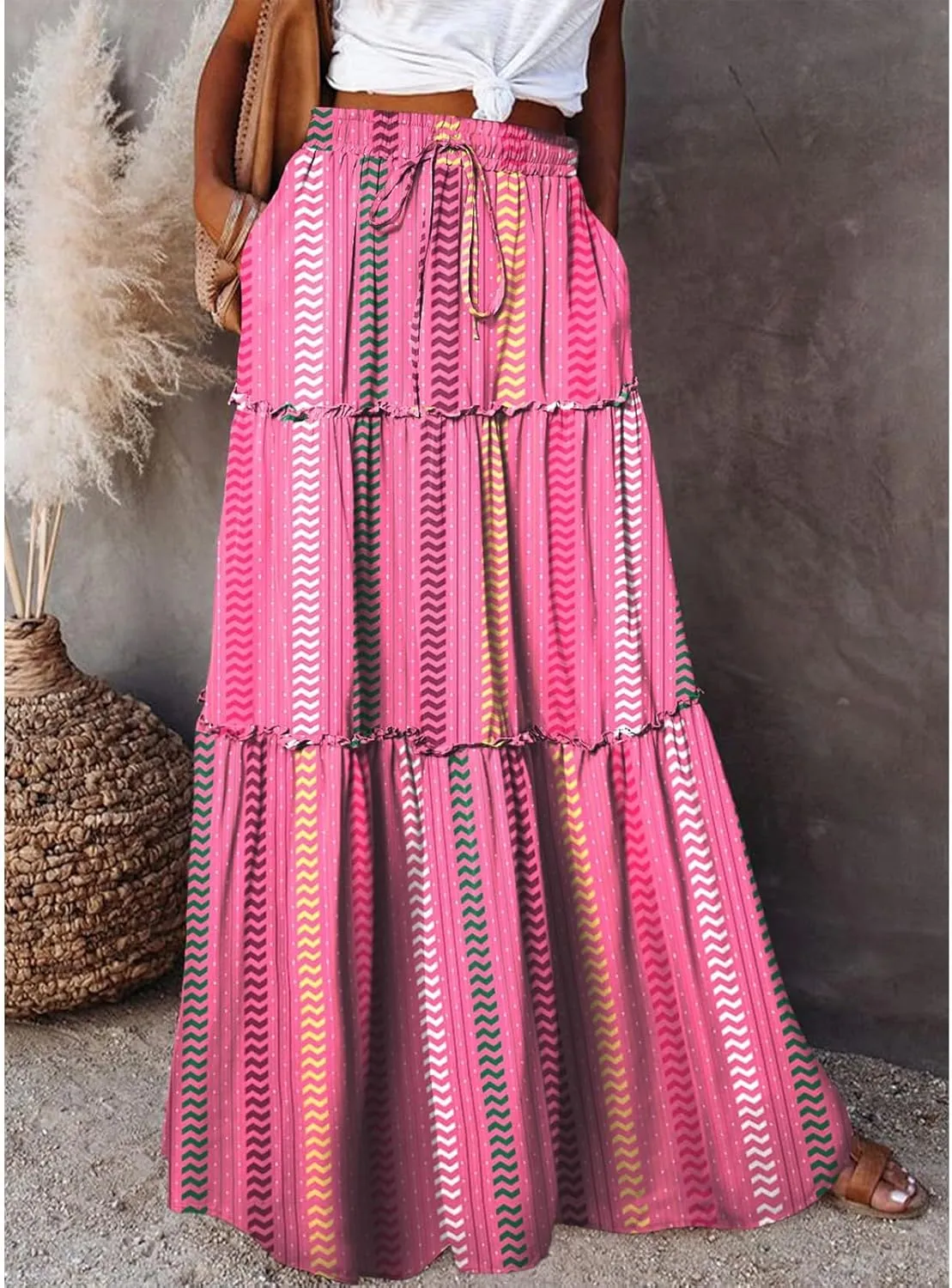 Maxi Skirts for Women Trendy Summer Tiered Elastic High Waisted Skirt Beach Vacation A Line Flowy Long Skirts