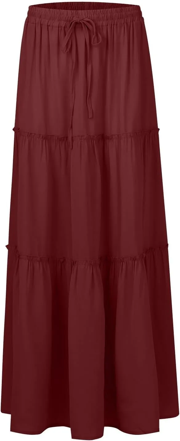 Maxi Skirts for Women Trendy Summer Tiered Elastic High Waisted Skirt Beach Vacation A Line Flowy Long Skirts