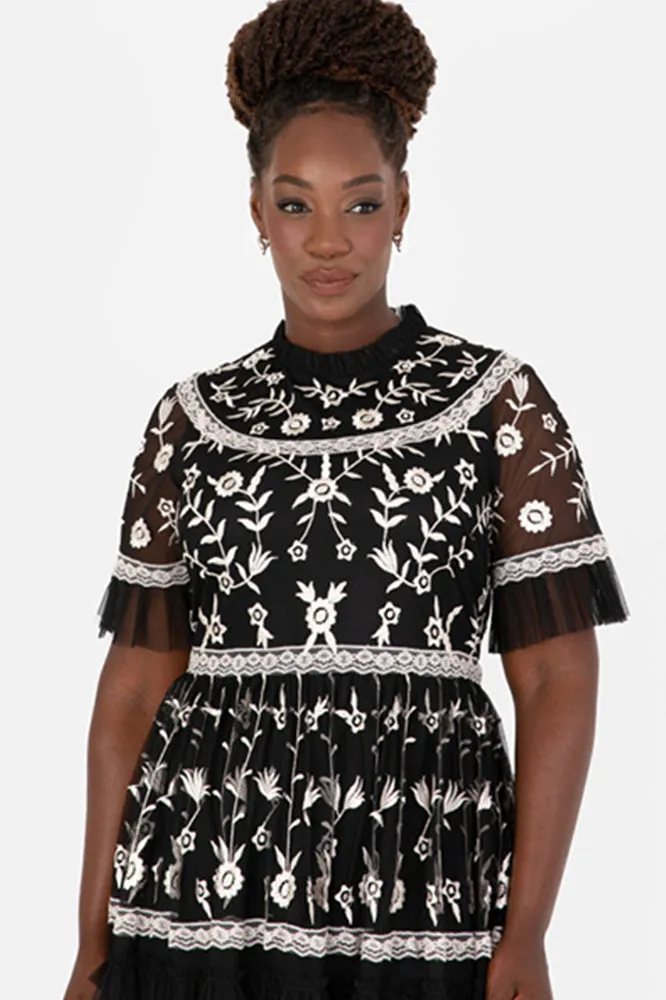 Maya Black and Ivory Plus Size Embroidered Tiered Midaxi Dress