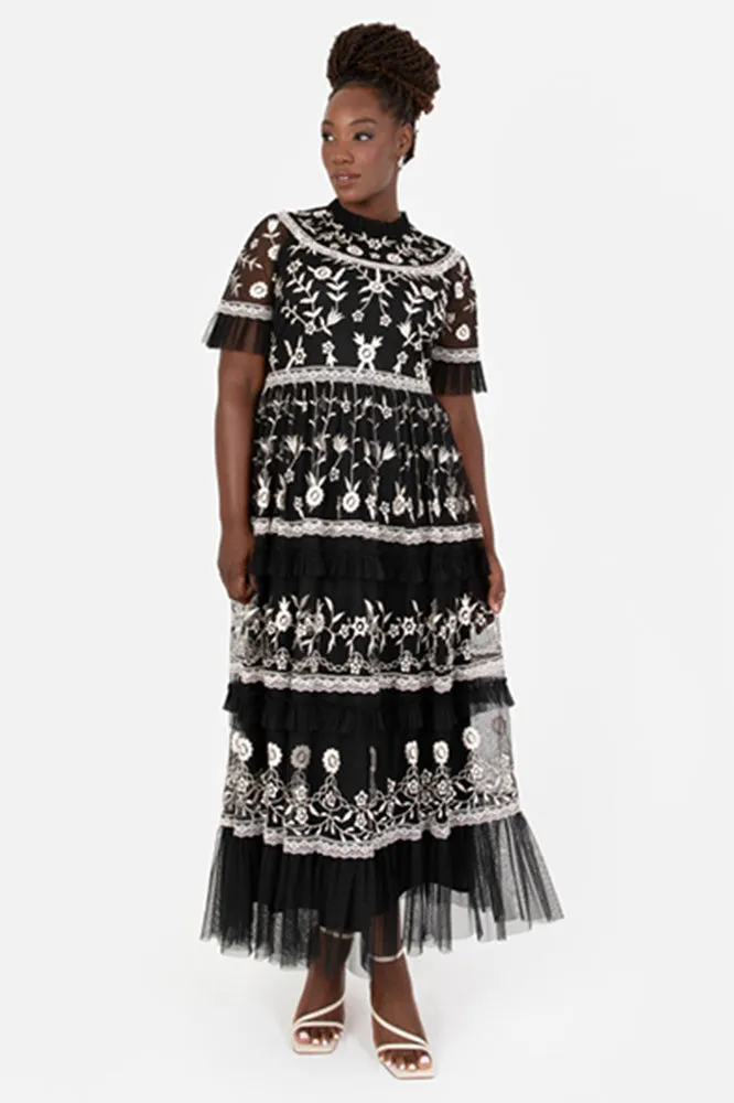 Maya Black and Ivory Plus Size Embroidered Tiered Midaxi Dress