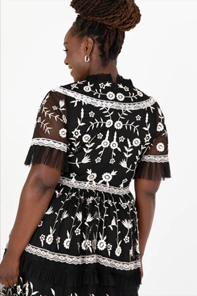 Maya Black and Ivory Plus Size Embroidered Tiered Midaxi Dress