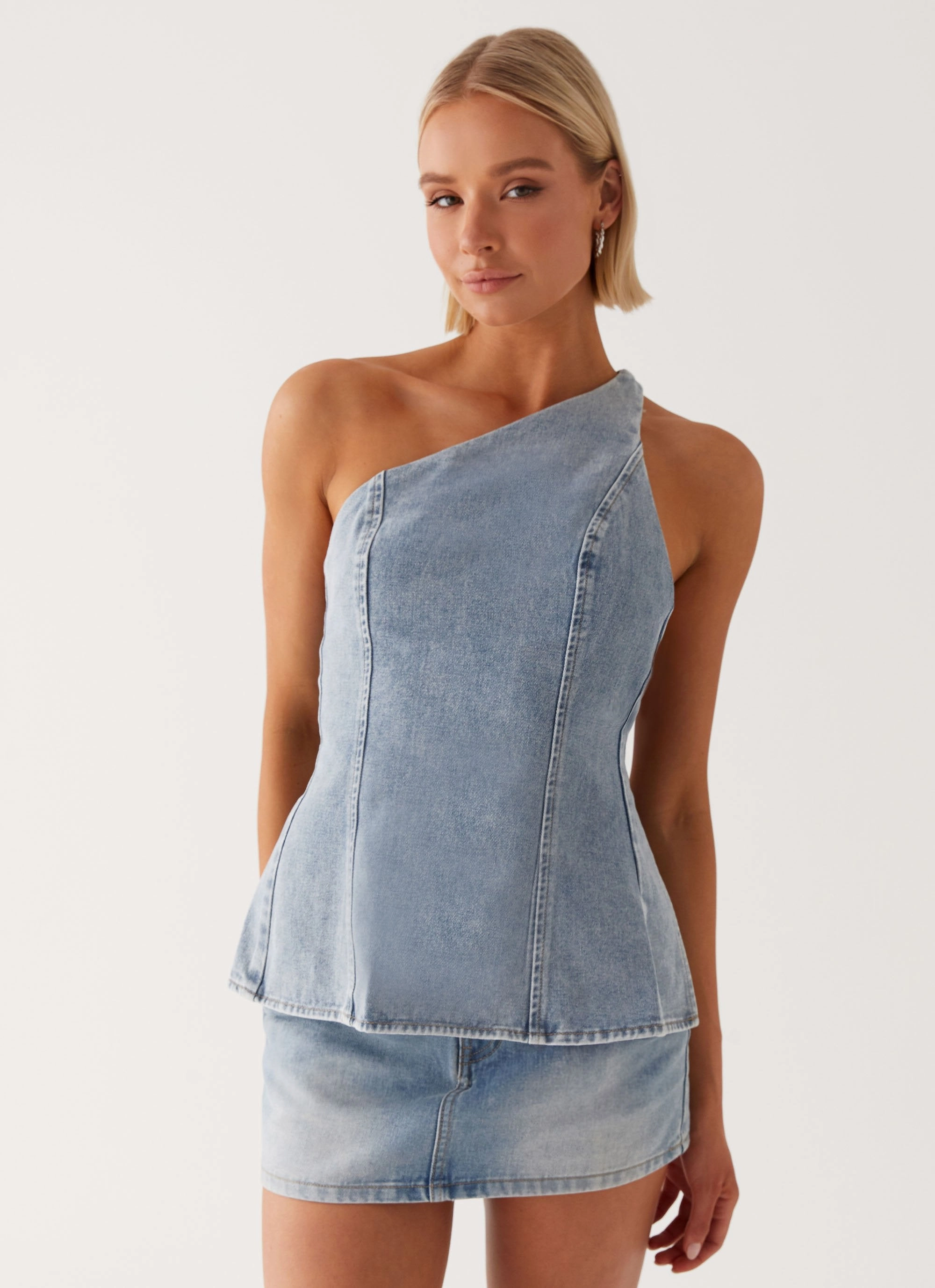 Maysa Denim Top - Blue Stretch Fit Engineering