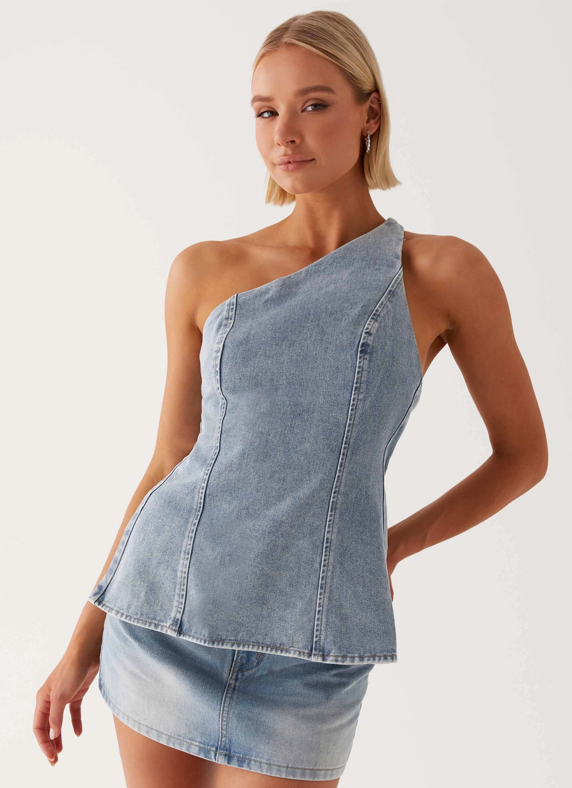 Stretchable Neckline Ribbed Knit Fabric Maysa Denim Top - Blue