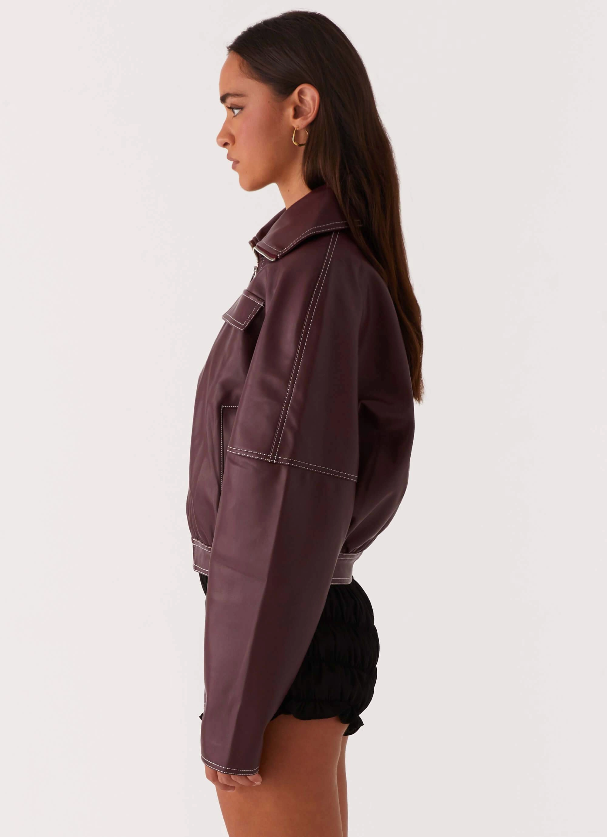 Meant To Be PU Boxy Jacket - Wine MagneticClosure Wrinkle resistant fabric