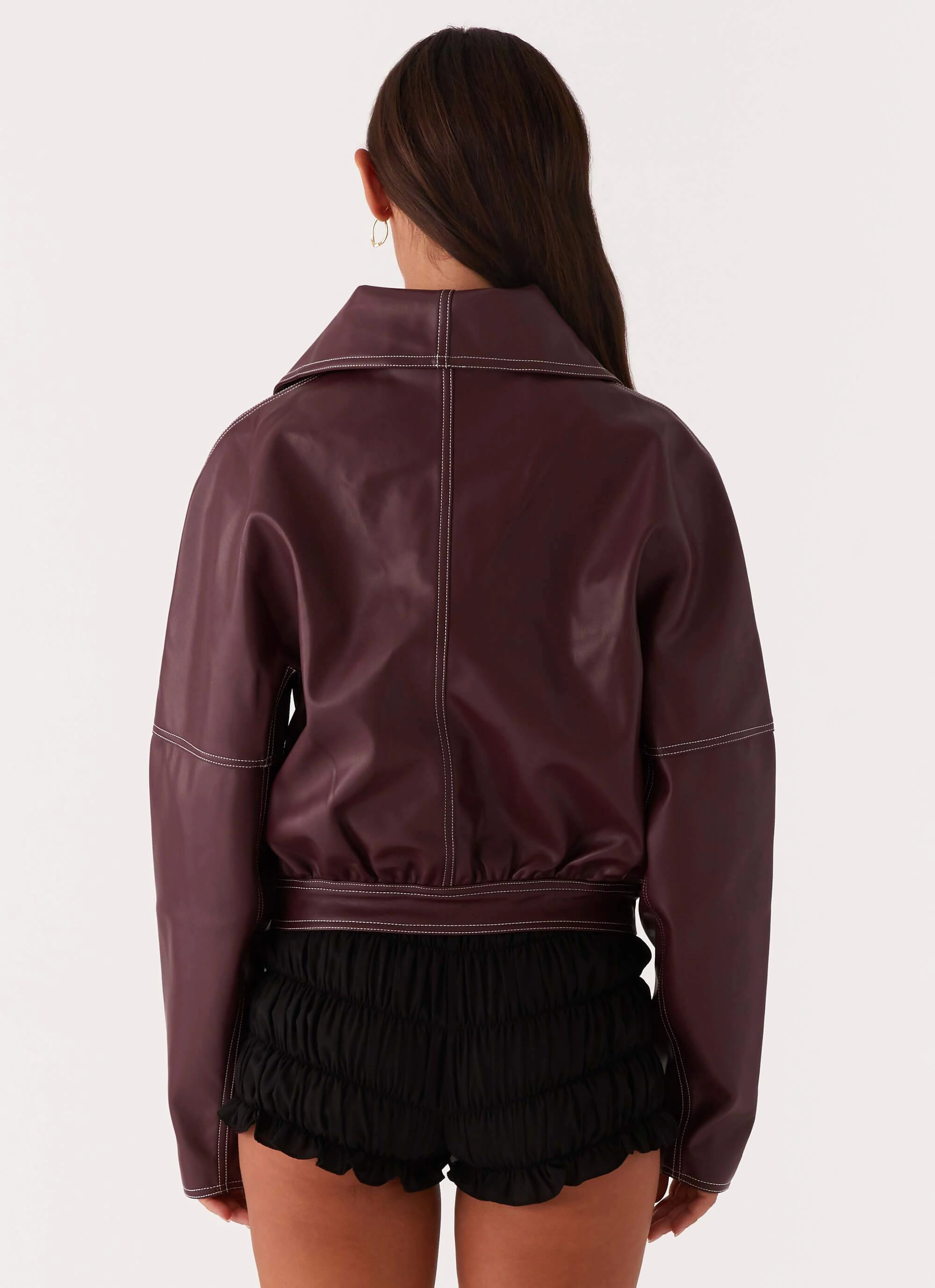 Collapsible Packable Style Multi Pocket Layout Meant To Be PU Boxy Jacket - Wine
