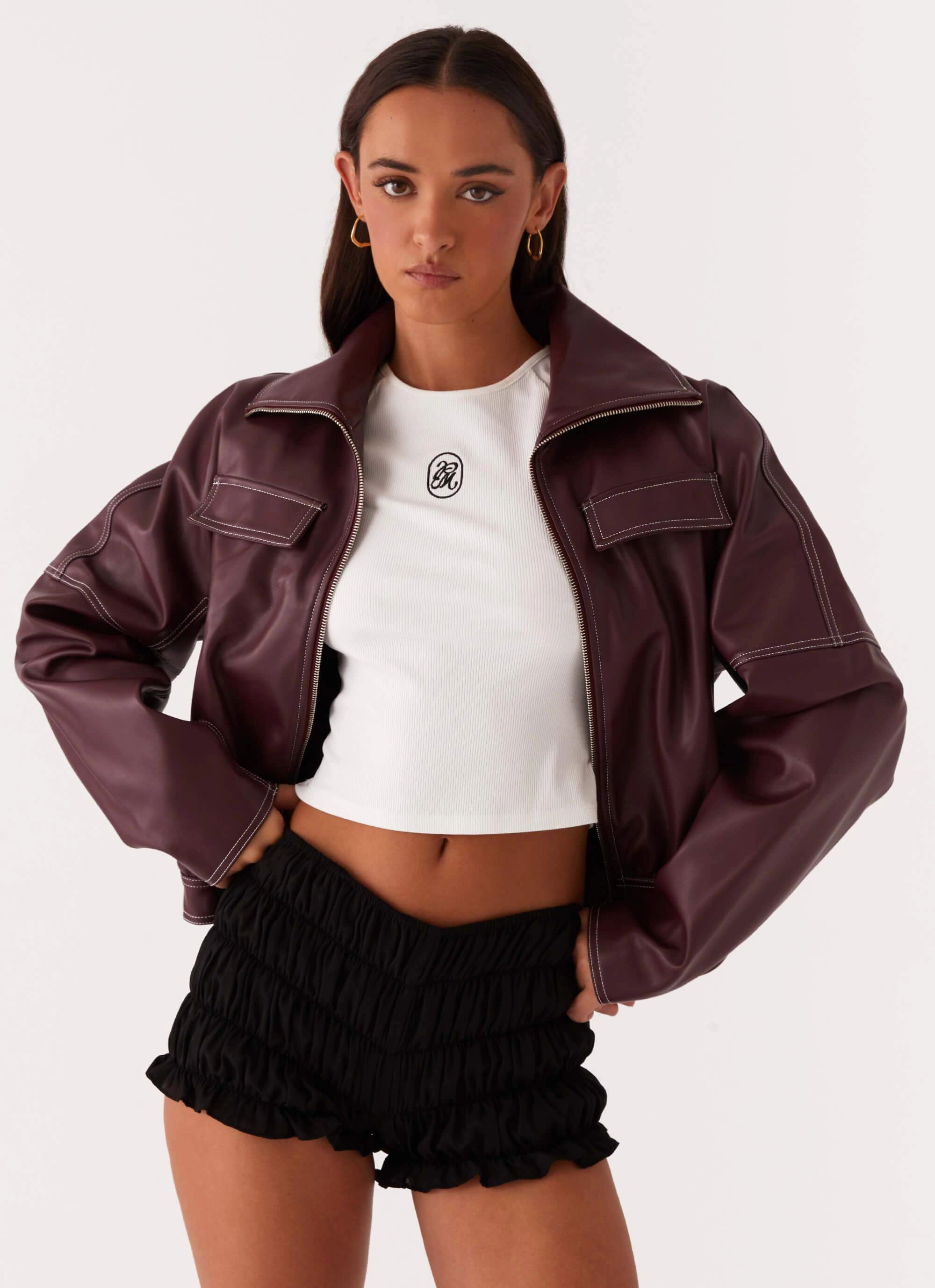 Meant To Be PU Boxy Jacket - Wine Athletic Tailored Fit
