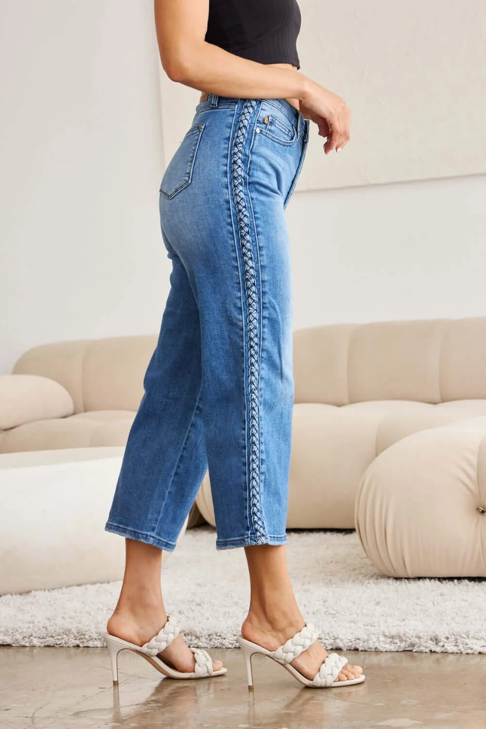 Medium Blue Wash Plus Size Braid Side Detail Wide Leg Jeans