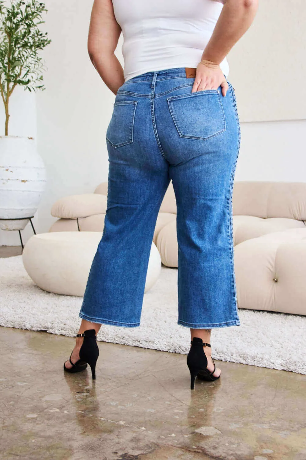 Medium Blue Wash Plus Size Braid Side Detail Wide Leg Jeans