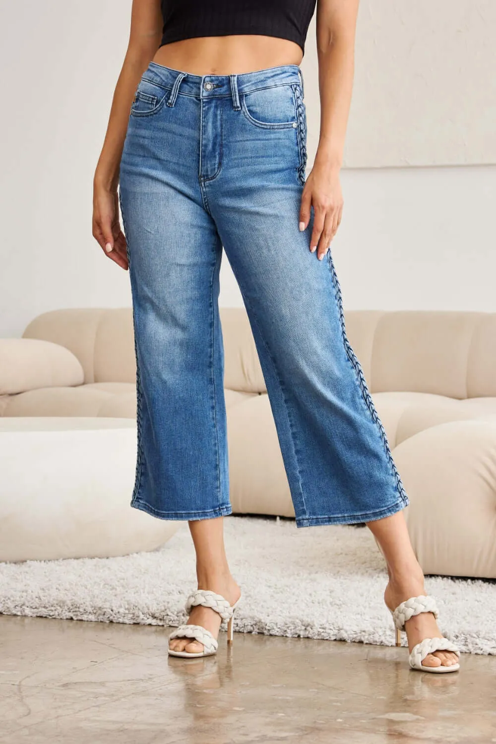 Medium Blue Wash Plus Size Braid Side Detail Wide Leg Jeans
