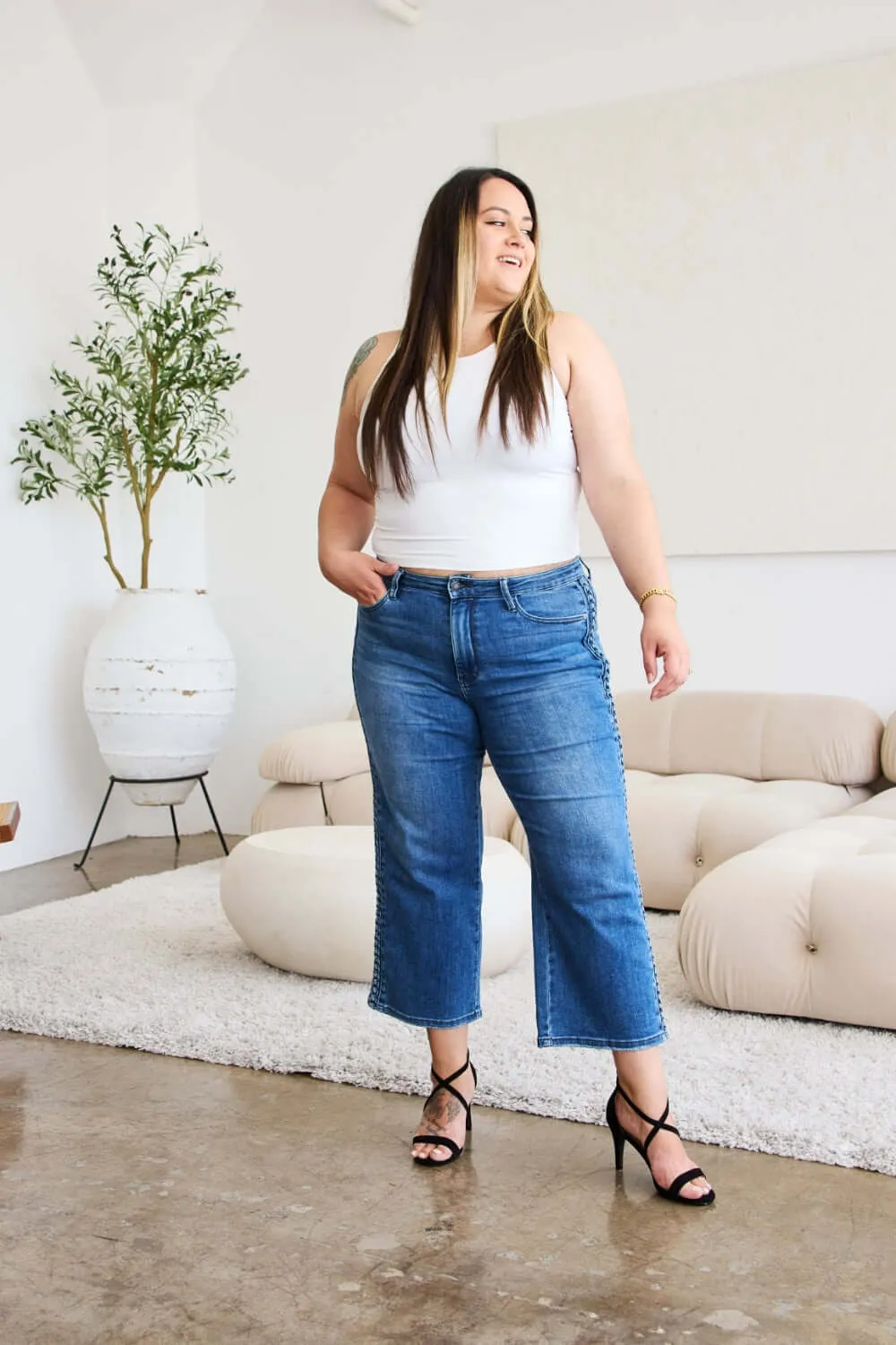 Medium Blue Wash Plus Size Braid Side Detail Wide Leg Jeans