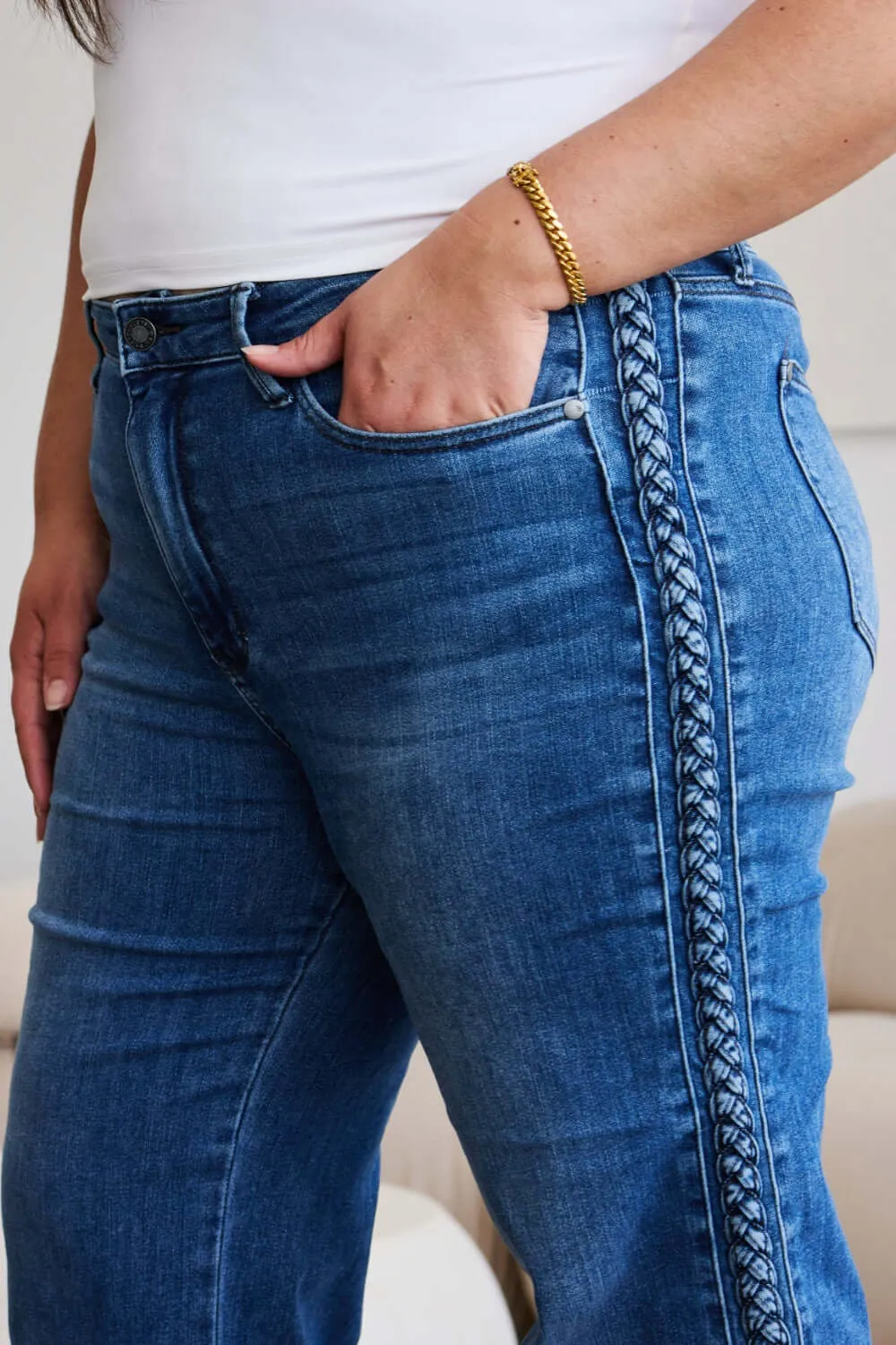 Medium Blue Wash Plus Size Braid Side Detail Wide Leg Jeans
