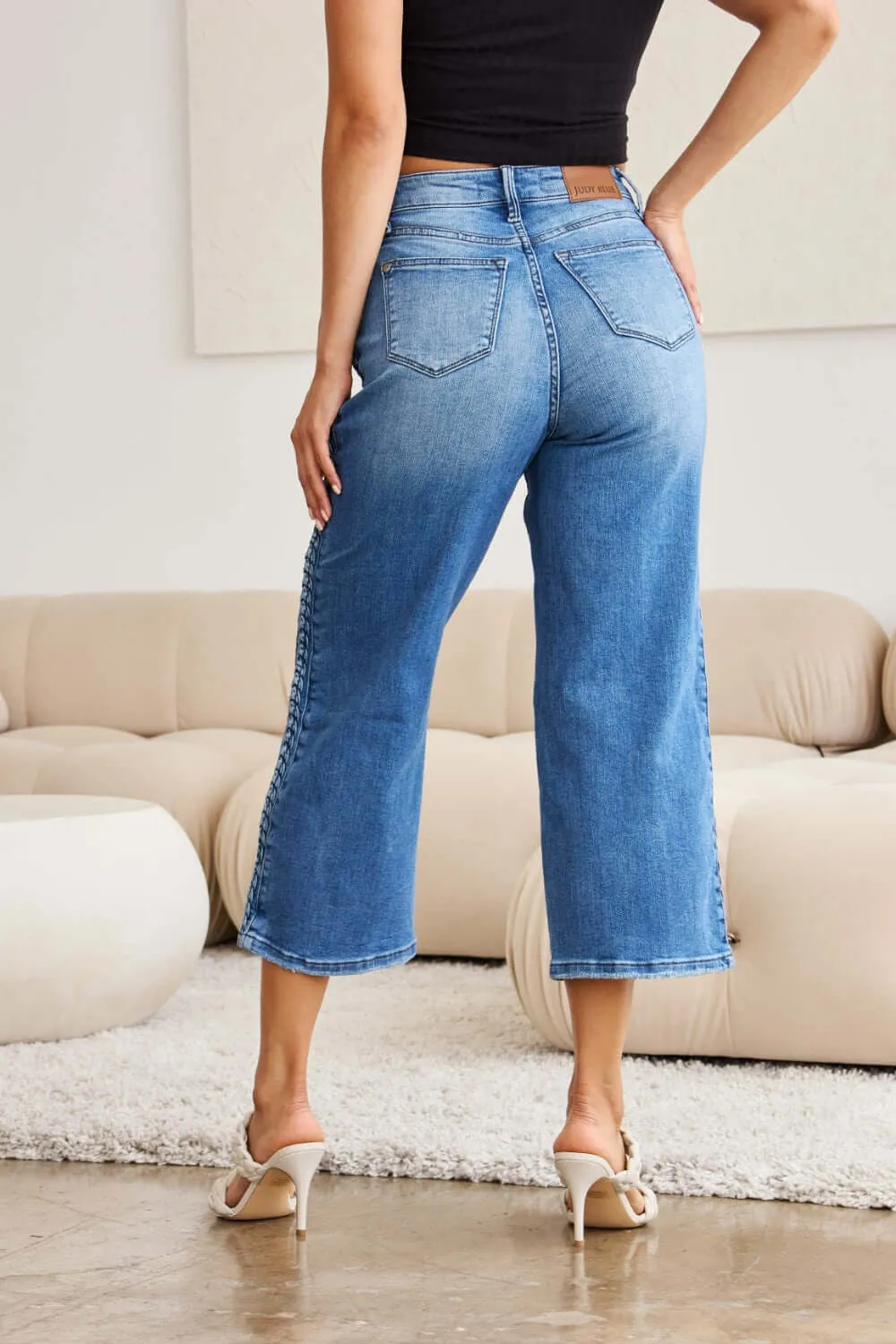 Medium Blue Wash Plus Size Braid Side Detail Wide Leg Jeans