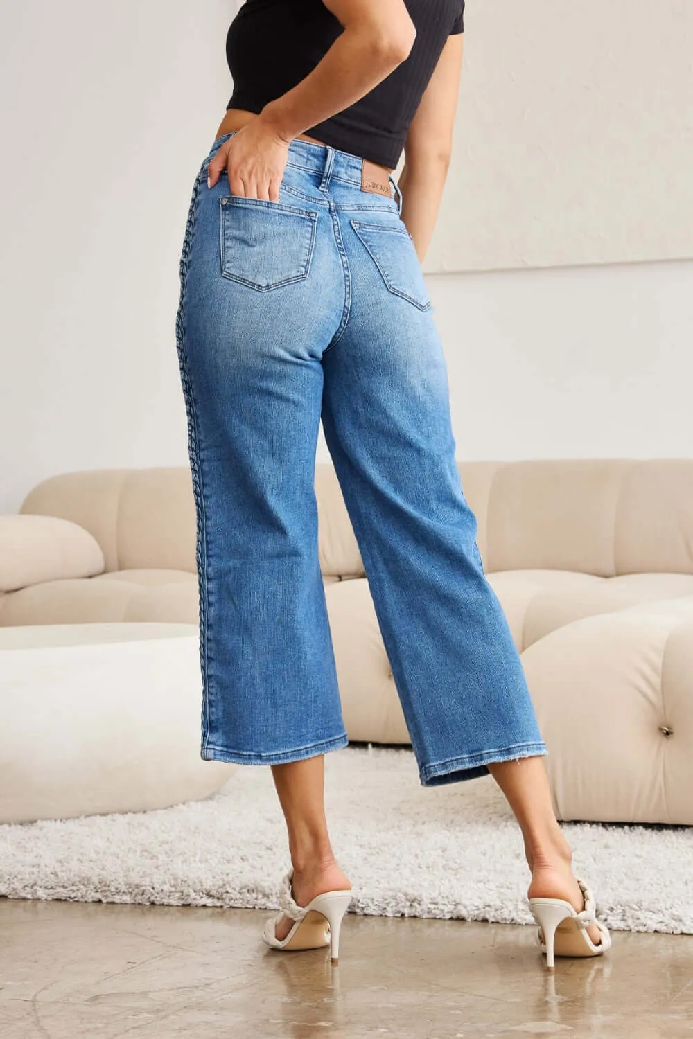 Medium Blue Wash Plus Size Braid Side Detail Wide Leg Jeans