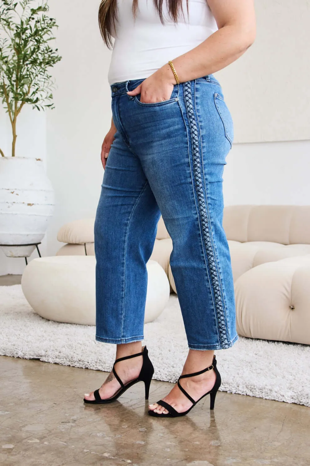 Medium Blue Wash Plus Size Braid Side Detail Wide Leg Jeans