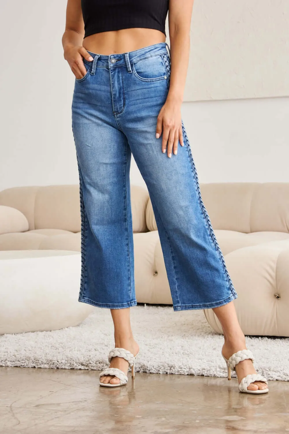 Medium Blue Wash Plus Size Braid Side Detail Wide Leg Jeans