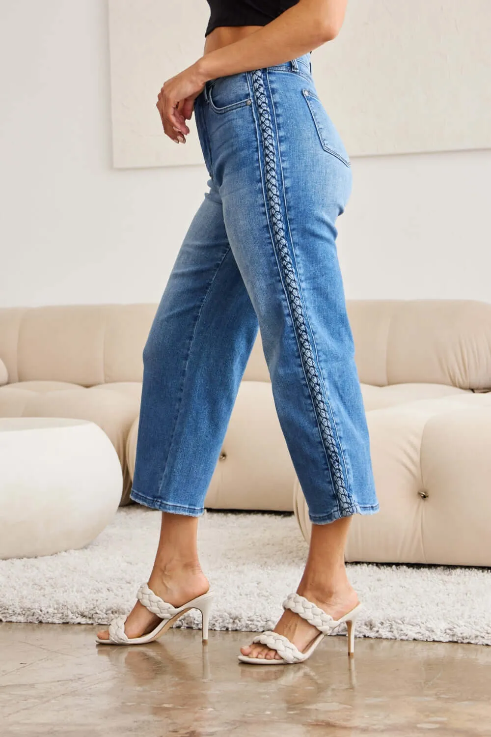 Medium Blue Wash Plus Size Braid Side Detail Wide Leg Jeans