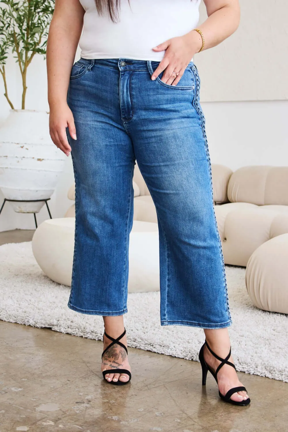 Medium Blue Wash Plus Size Braid Side Detail Wide Leg Jeans